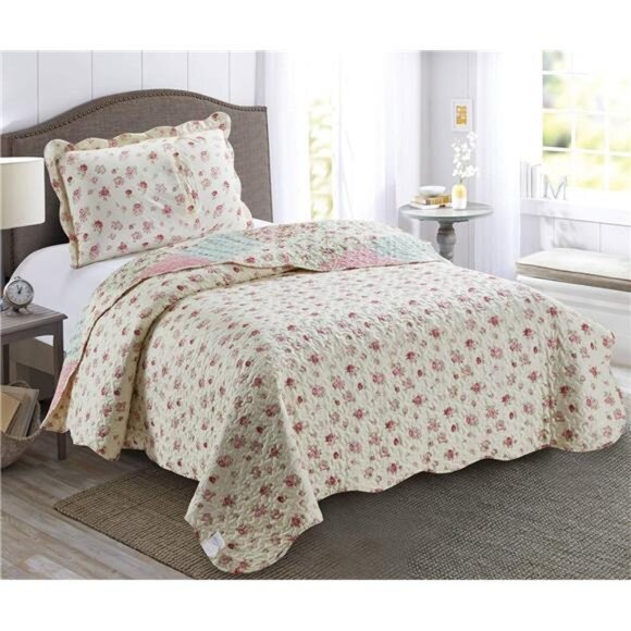 Sunshine Pink and Green Rose Patchwork, 2-Piece Quilt Set with 1 Sham - Picture 2 of 7